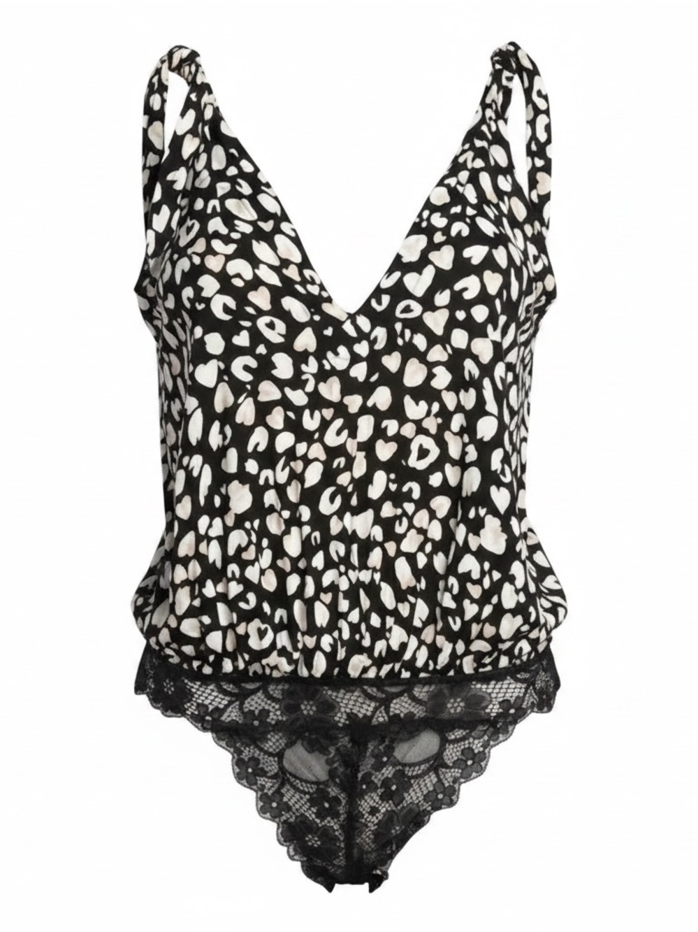 Black & White Heart Print Lace-Trim Bodysuit